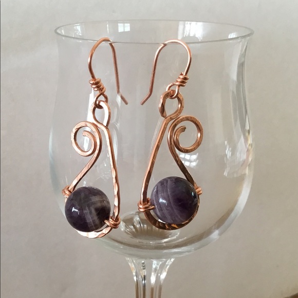 Fiddle Head Earrings - Genuine Amethyst on Copper - Picture 2 of 5